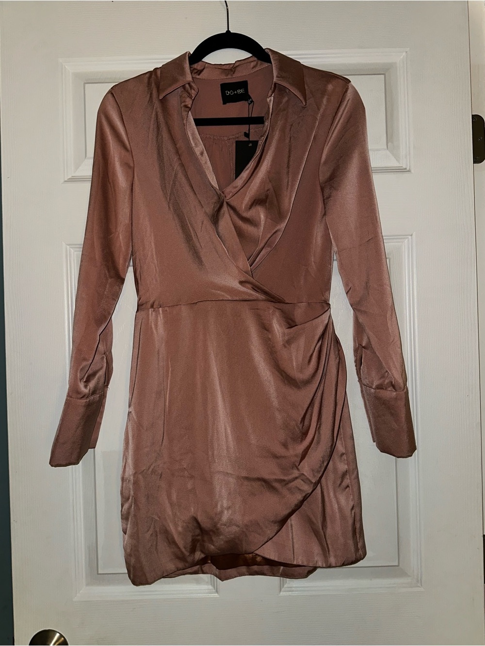 DO+BE Dusty Rose Satin Wrap Dress with Long Sleeves